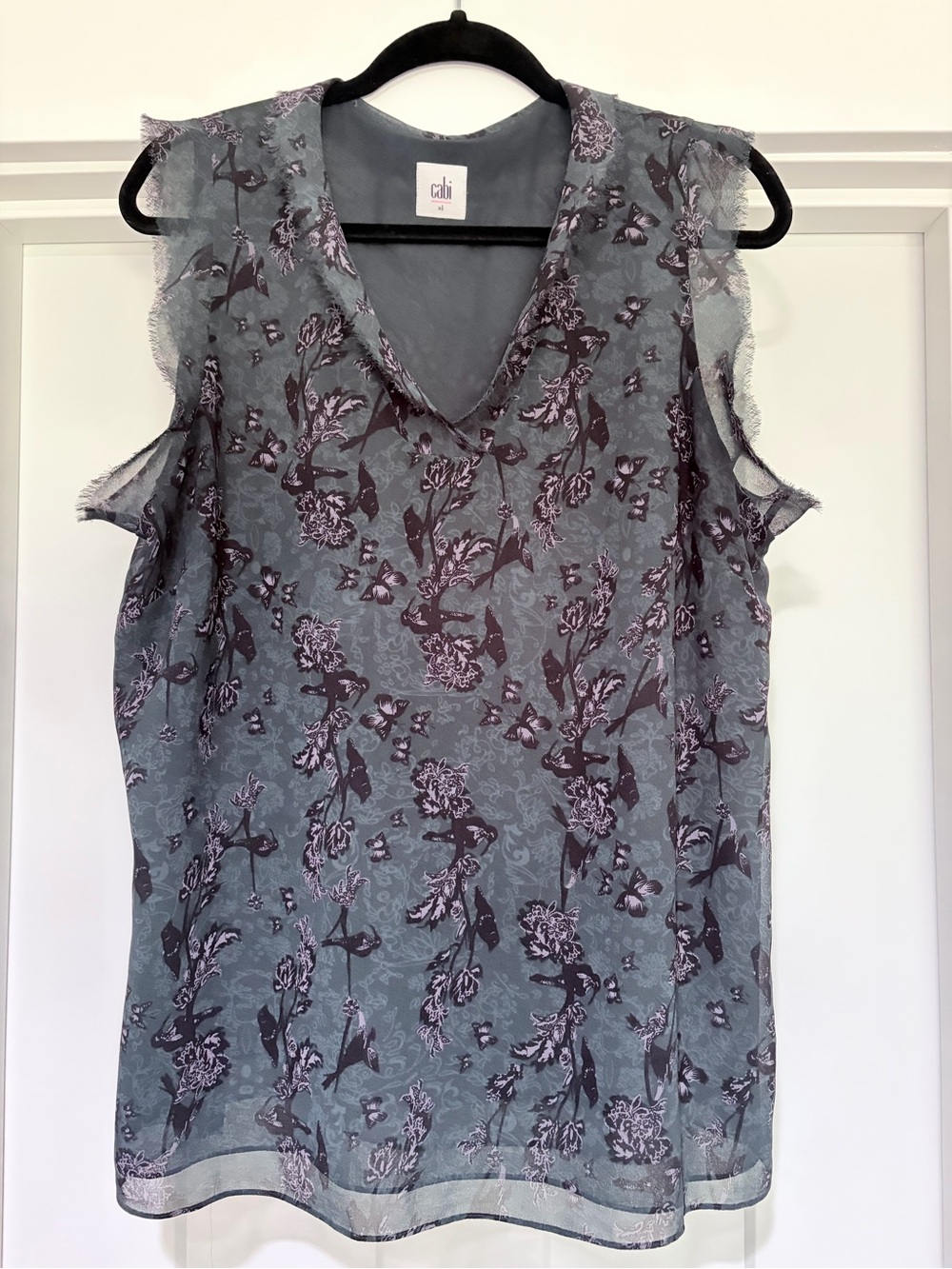 XL CAbi Evermore Floral Sheer V-Neck Flutter Sleeveless Top # 3065